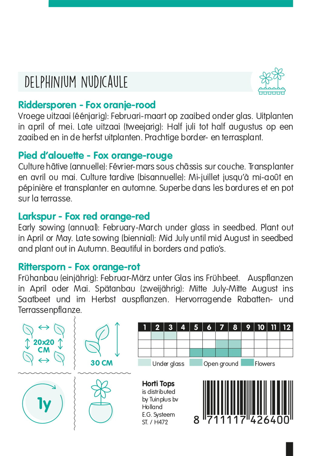 HT Delphinium, Ridderspoor Fox oranje-rood