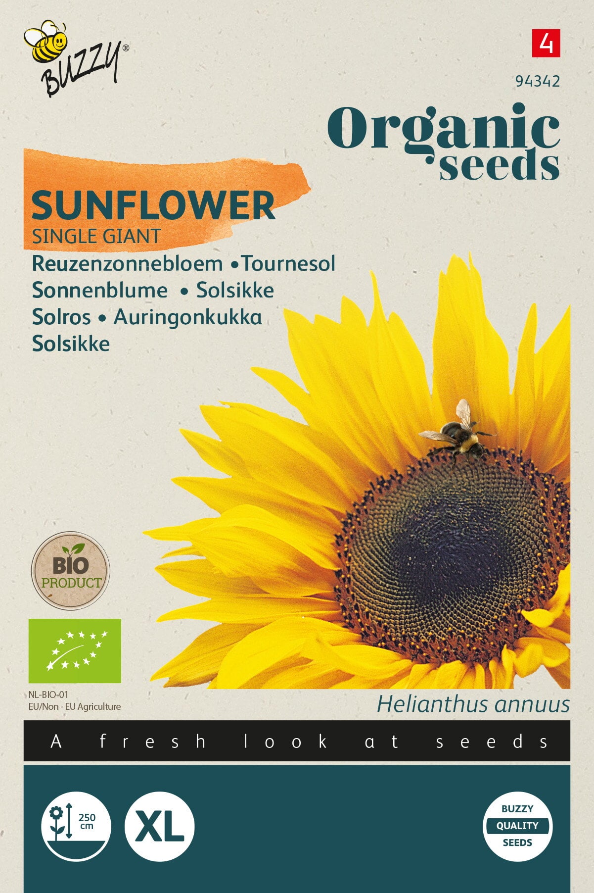 Buzzy® Organic Helianthus, Reuzenzonnebloem giganteus  (BIO)