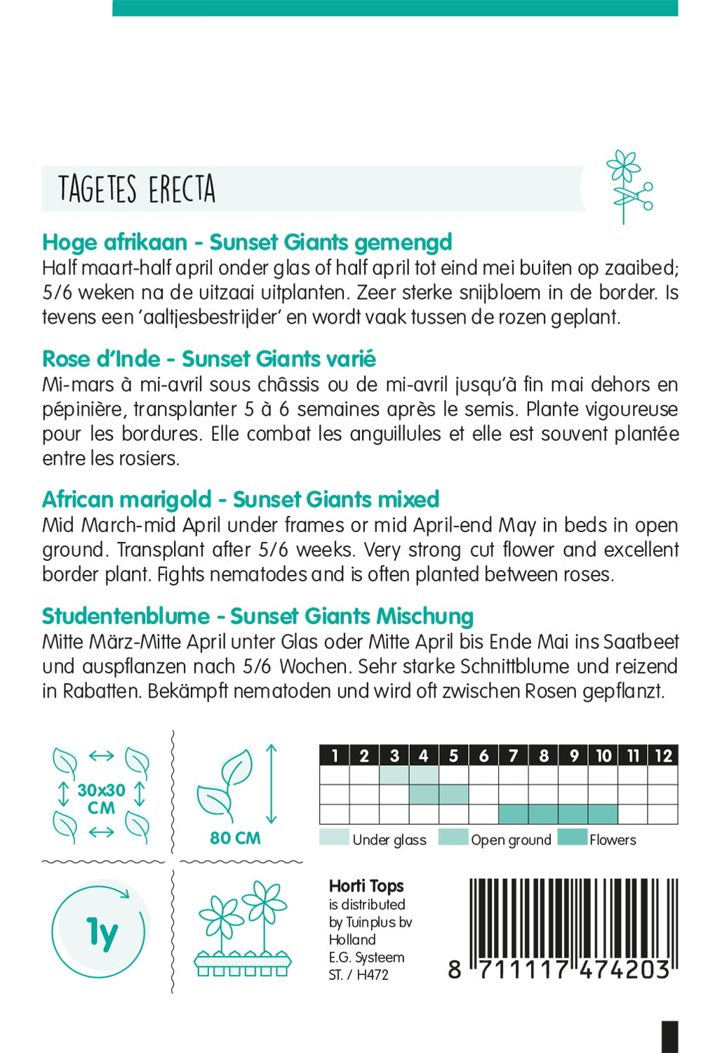 HT Tagetes, hoge Afrikaan Sunset Giants gemengd